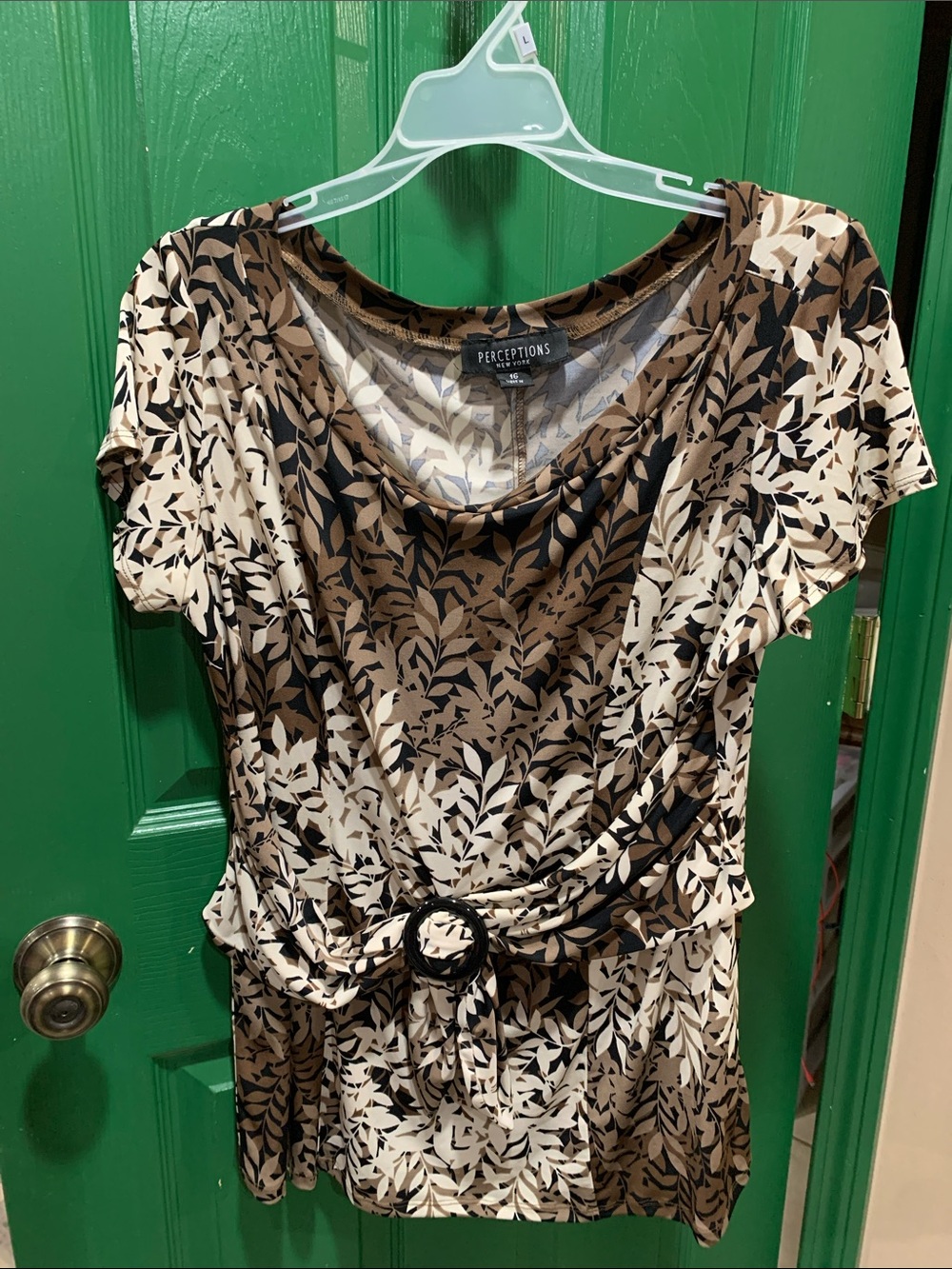Perceptions Brown and Cream Leaf-Print Belted Top